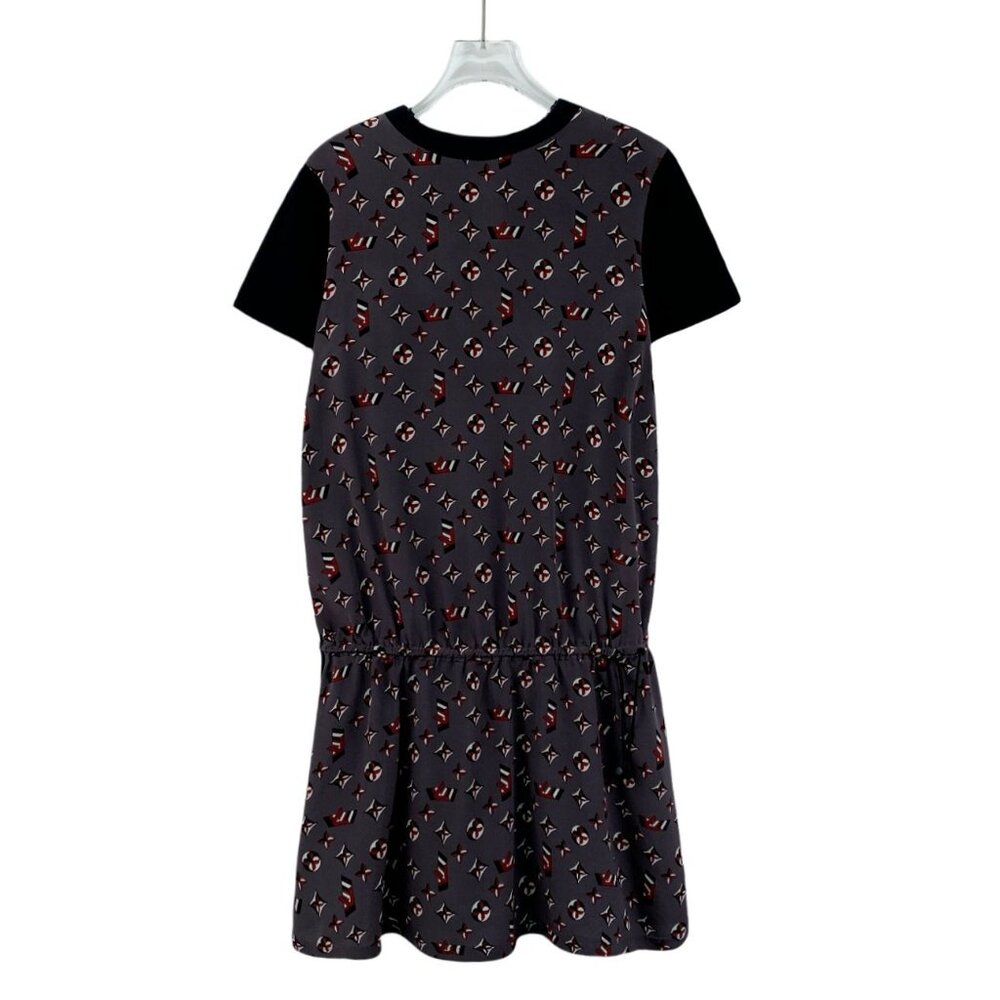 LOUIS VUITTON Gray Monogram Print Cotton T-Shirt Dress With Black Sleeves Size M